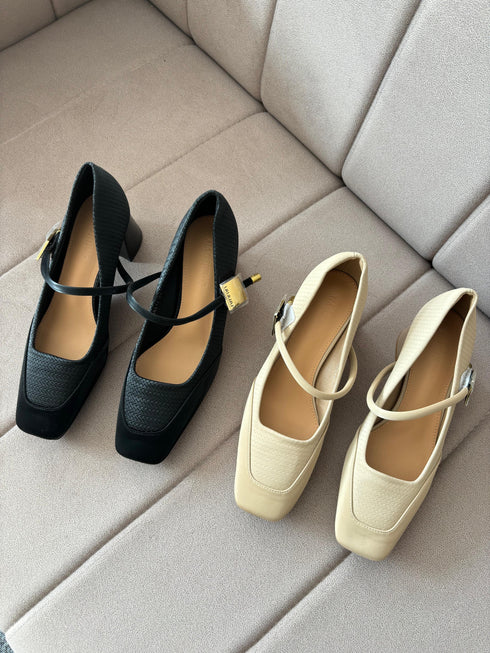 High Quality Square Toe Buckle Marry Jane Block Heels